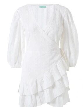Melissa Odabash Aliyah White Eyelet Wrap Tunic with Puff Sleeves M